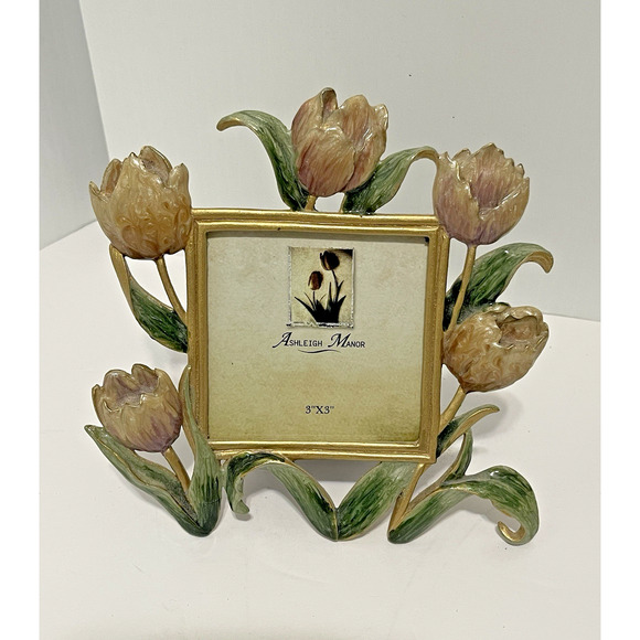 Ashleigh Manor Photo Frame Gold Enameled Tulips 3 X 3 Vintage Pink Floral - Picture 3 of 9